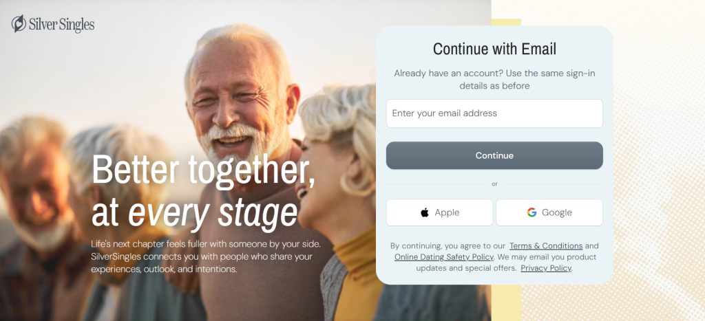 silversingles homepage screenshot showing senior dating site interface with profile browsing to meet new people online