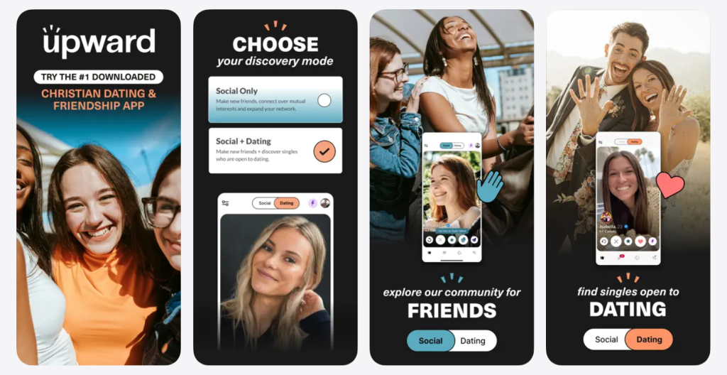upward app screen featuring detailed member profiles and real time messaging within a christian dating community