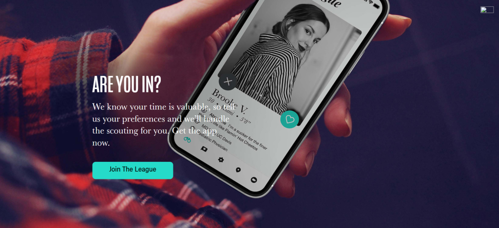 the league homepage screenshot showing exclusive dating app interface with curated profile discovery to meet new people online