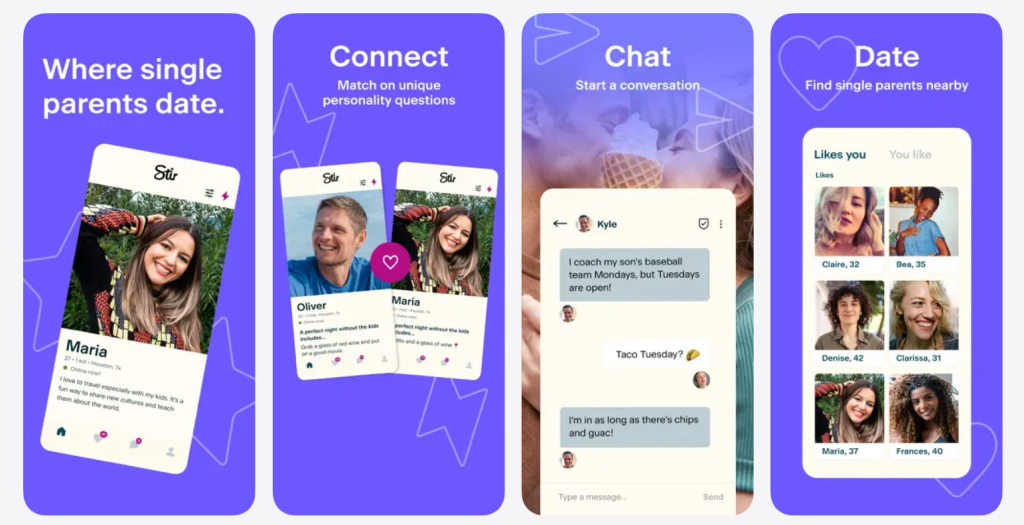 stir homepage screenshot showing modern dating app interface designed for single parents to meet new people online