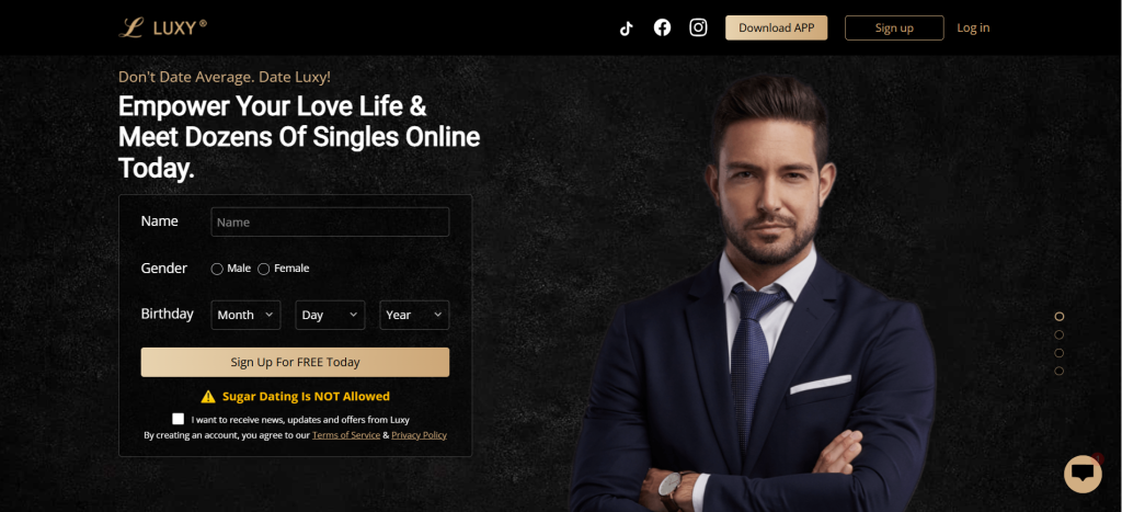 luxy homepage screenshot showing luxury dating app interface with curated profile browsing to meet new people online