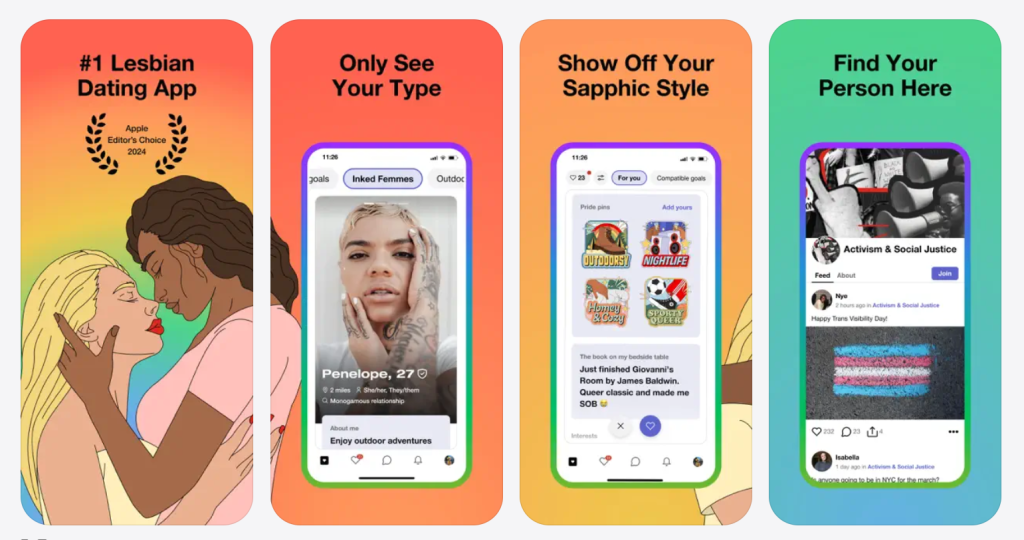 her app screen featuring detailed member profiles and real time messaging within a lesbian and queer dating community