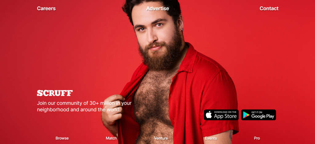 scruff homepage screenshot showing gay dating app interface with profile discovery to meet new people online