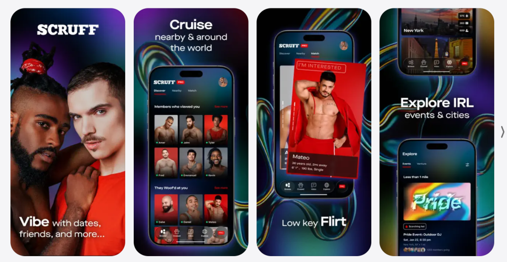 scruff app screen featuring detailed member profiles and real time messaging within a gay social and dating community