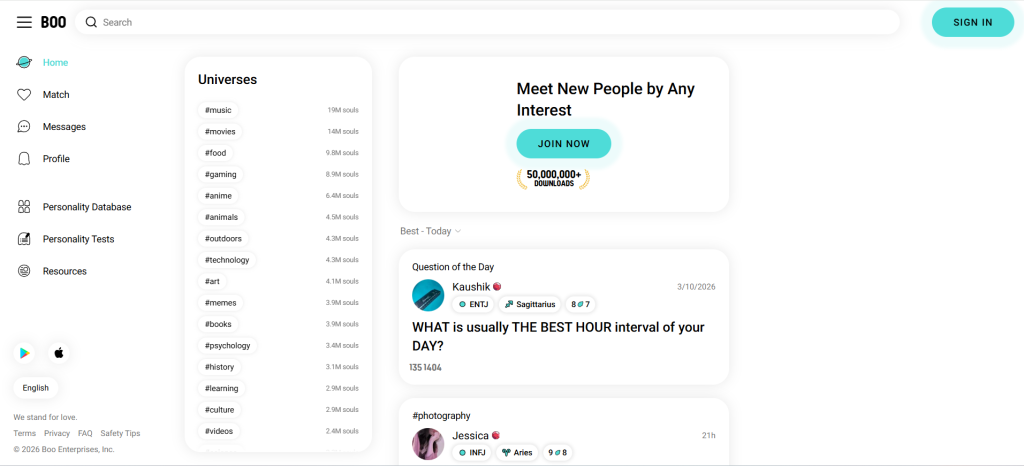 boo homepage screenshot showing personality based dating app interface with profile discovery to meet new people online