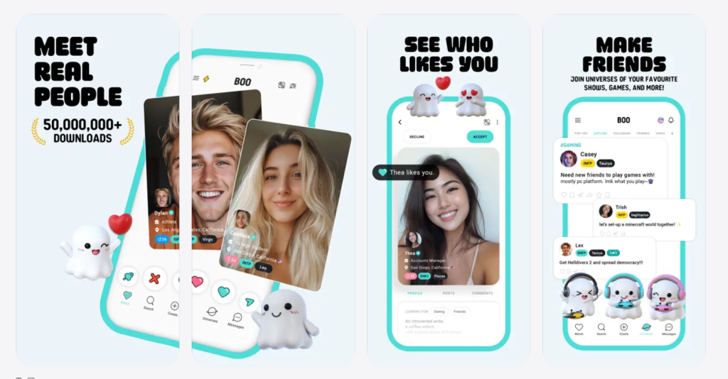 boo app screen featuring detailed member profiles and real time messaging within a personality focused dating community