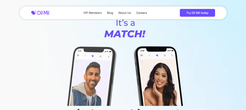 dil mil homepage screenshot showing south asian dating app interface with profile discovery to meet new people online