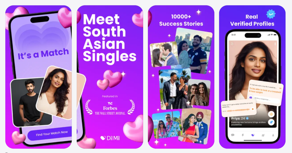 dil mil app screen featuring detailed member profiles and real time messaging within a south asian dating community