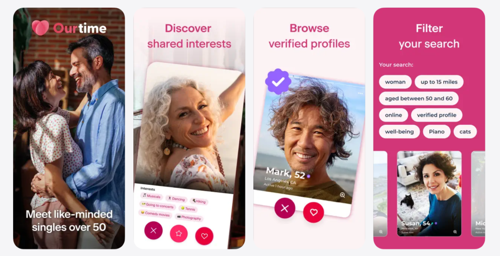 ourtime homepage screenshot showing senior dating site interface with profile browsing to meet new people online