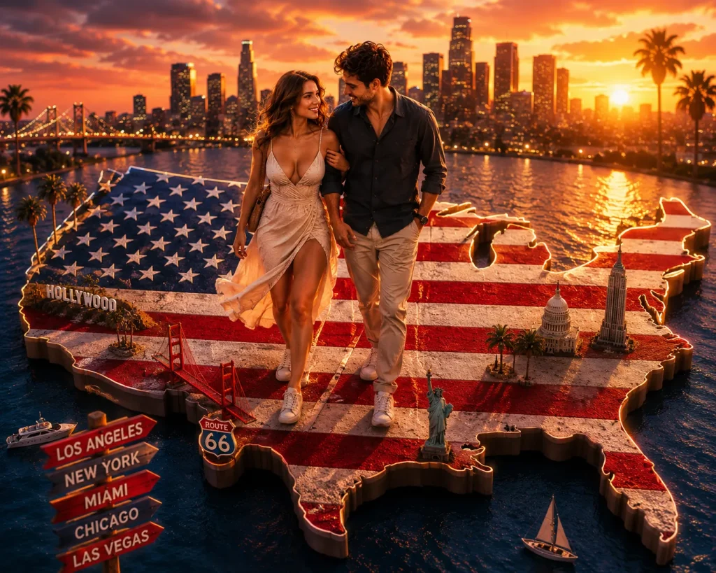 Romantic American dating illustration featuring a stylish couple walking across a 3D USA map with iconic landmarks and golden sunset city skyline