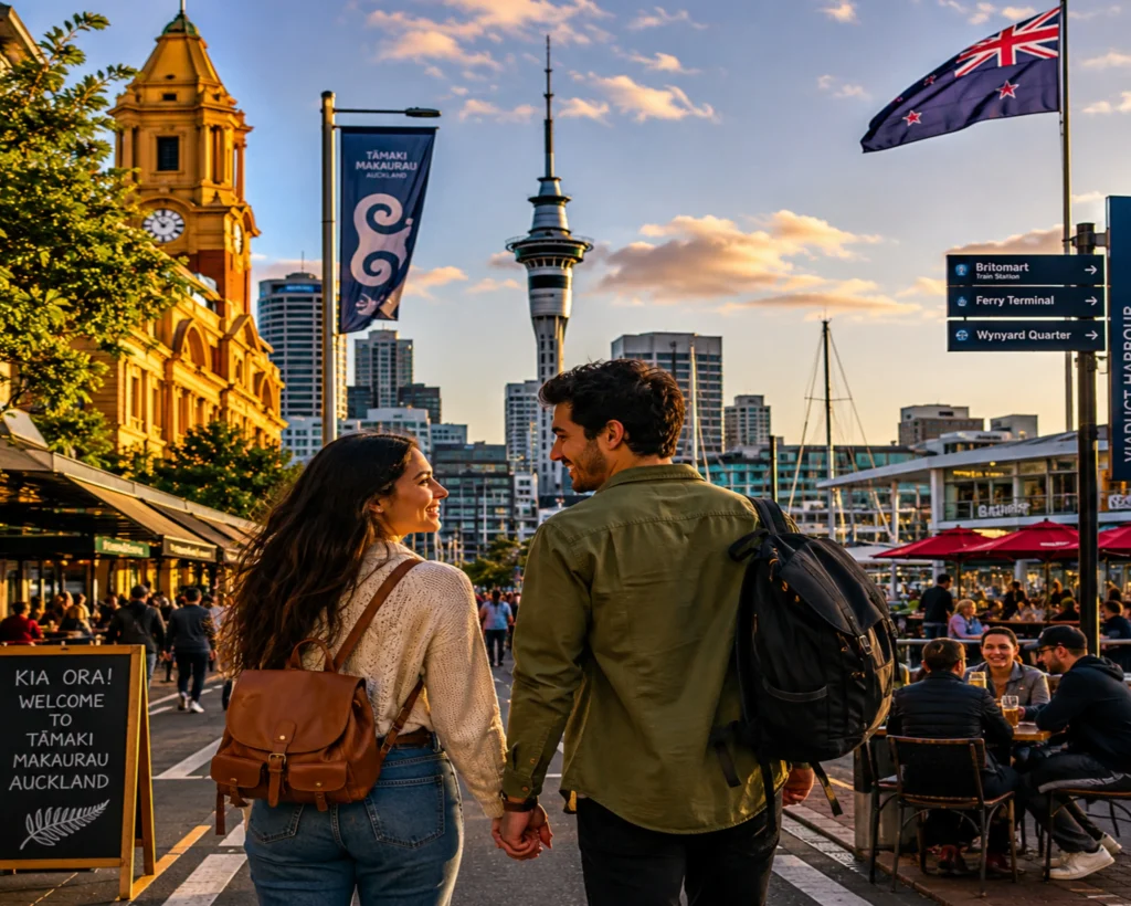 Auckland dating apps inspired city romance scene featuring a stylish couple walking through downtown Auckland with the Sky Tower and vibrant urban atmosphere
