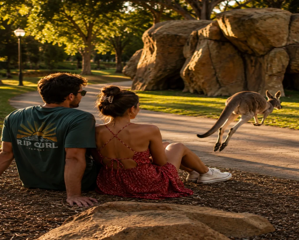Australian dating couple relaxing in a wildlife park while watching a kangaroo, inspired by Perth dating apps and outdoor dating culture in Australia