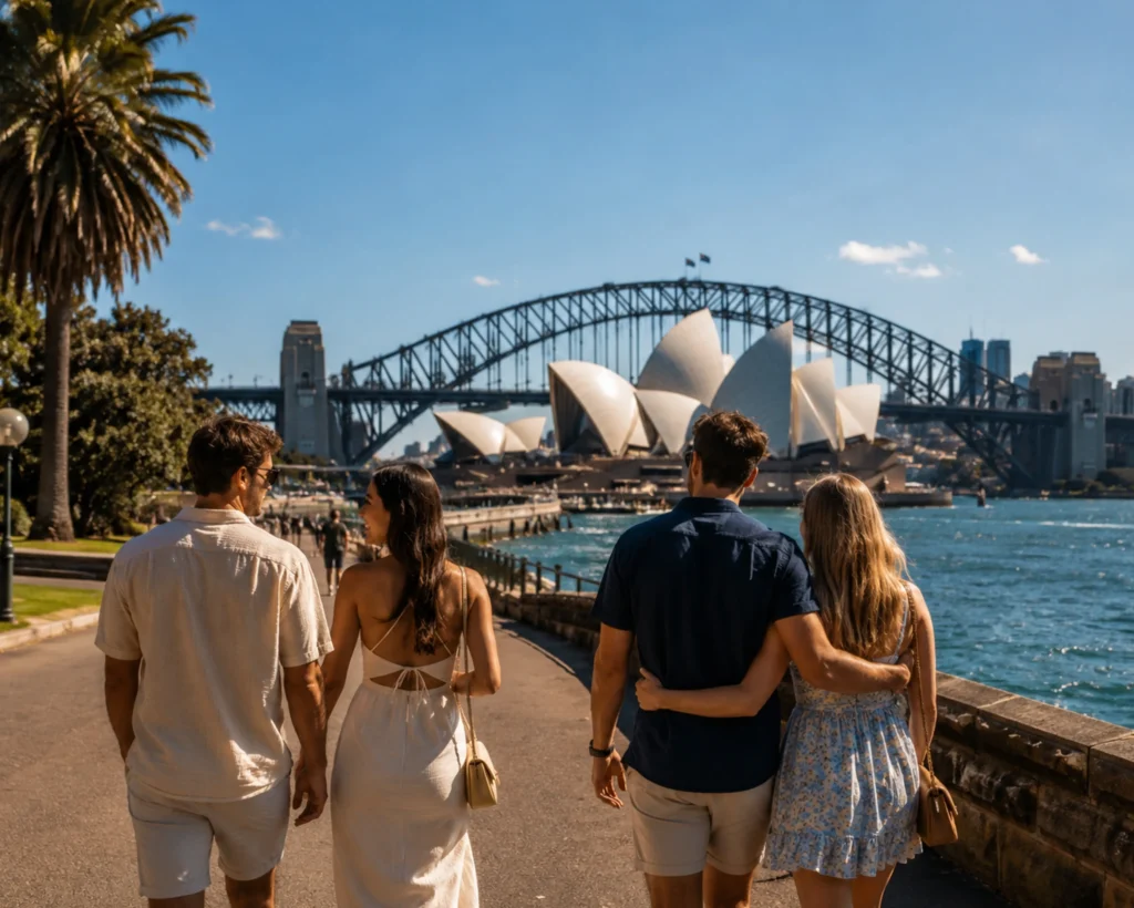 Romantic Australian dating scene near the Sydney Opera House featuring couples enjoying waterfront views inspired by Adelaide dating sites and modern city romance