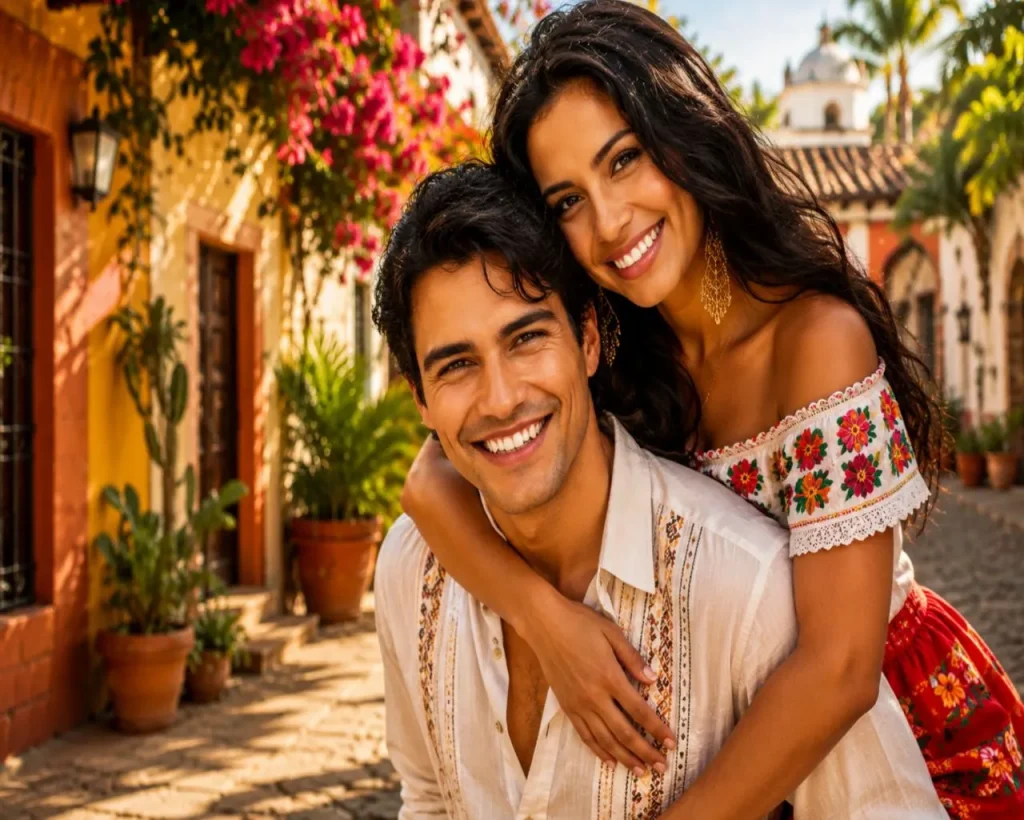 Romantic Latin dating couple portrait inspired by Mexican and Caribbean culture with colorful embroidered outfits and warm tropical architecture backdrop