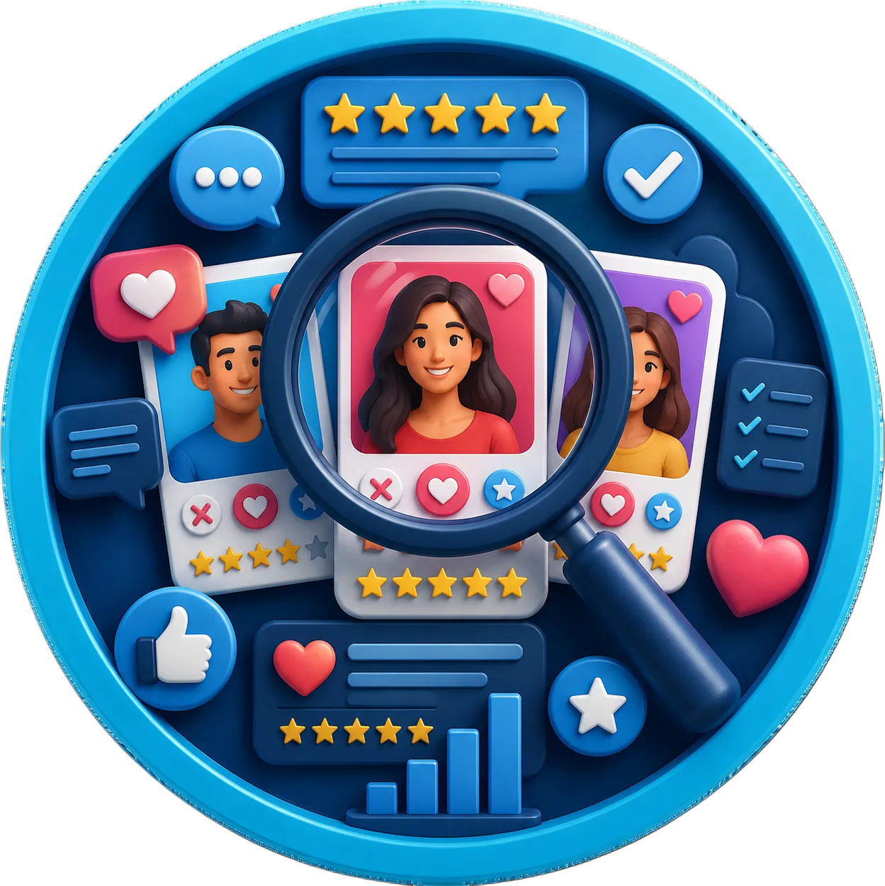 3D illustration of dating app reviews with profile cards, star ratings, and a magnifying glass comparing apps like Tinder, Bumble, Hinge, Badoo, and AfroIntroductions