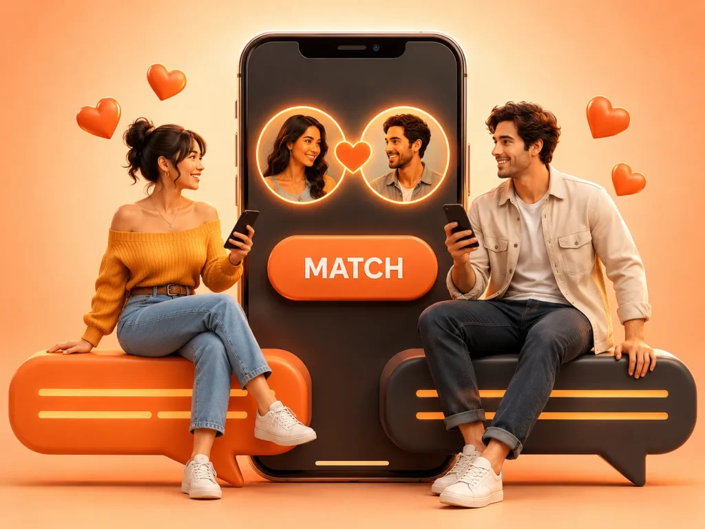 3D dating app match illustration with smartphone matchmaking, online dating connection, and modern dating app conversation scene