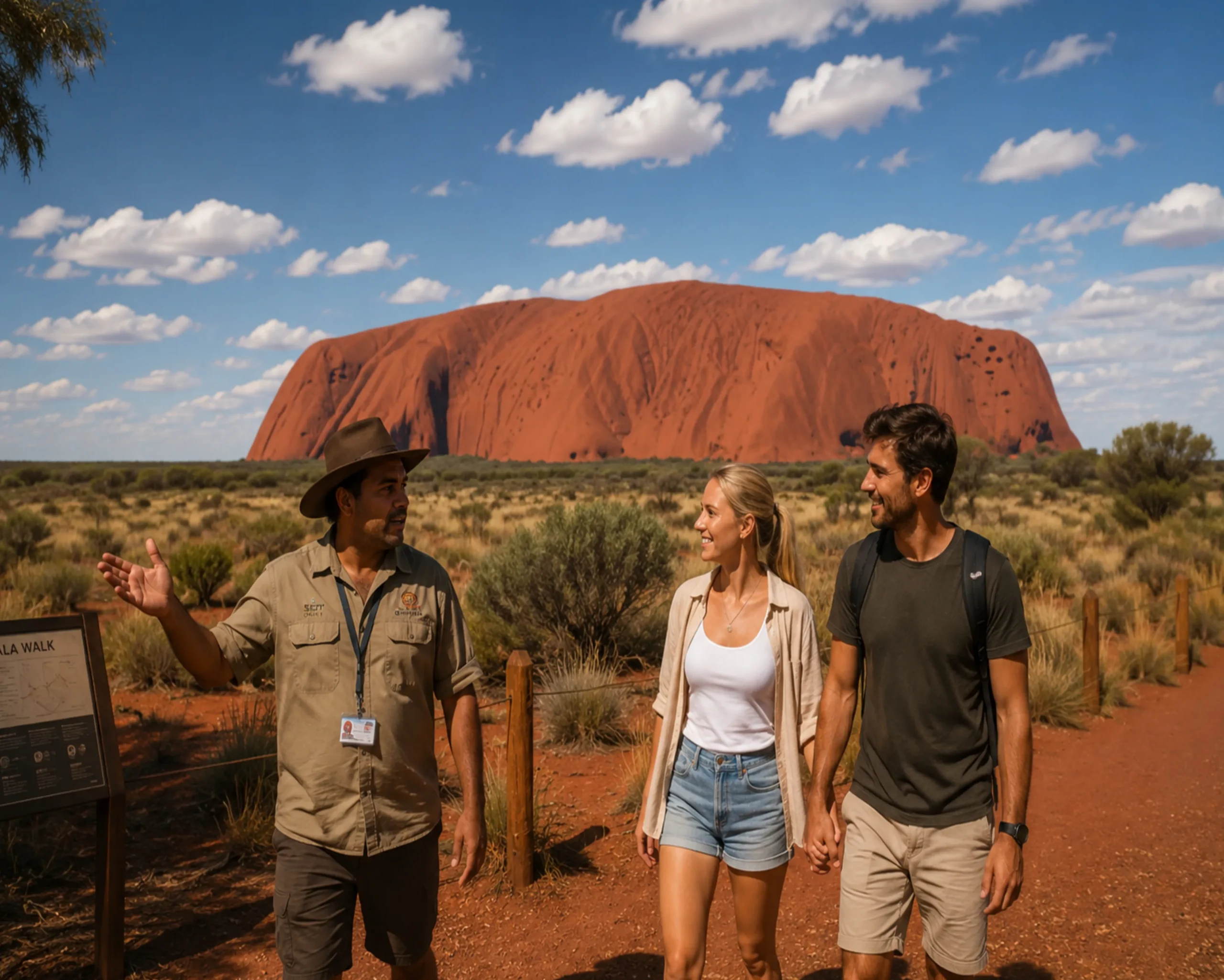 Australian dating couple exploring Uluru in the Northern Territory after meeting on Brisbane dating apps during an Outback adventure tour