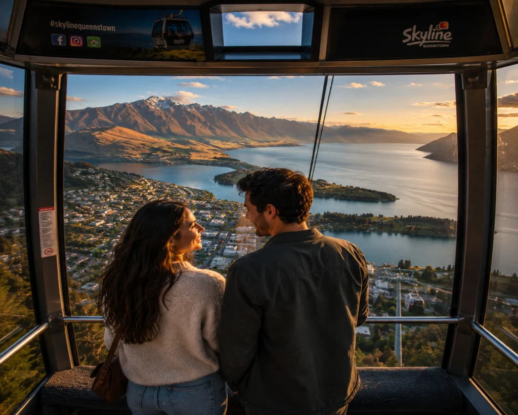 Dating in New Zealand illustration showing a romantic couple inside a Queenstown skyline gondola overlooking mountains, lakes, and scenic New Zealand landscapes