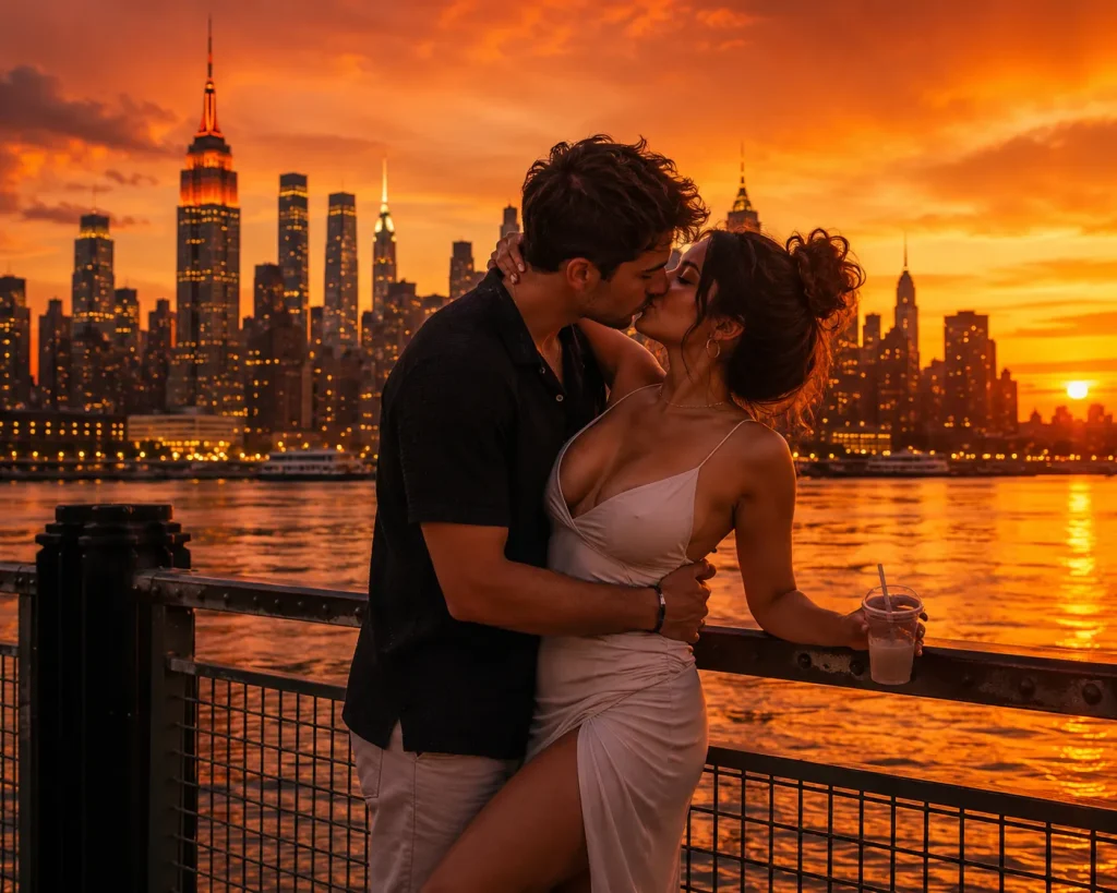 USA dating sunset scene showing a passionate couple kissing near the New York skyline with warm orange and charcoal romance aesthetic