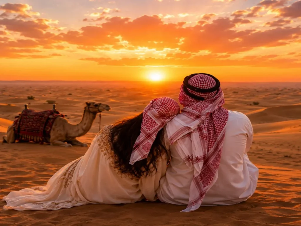 Middle Eastern dating desert sunset illustration with Arab couple watching sunset in the desert beside a camel and golden sand dunes