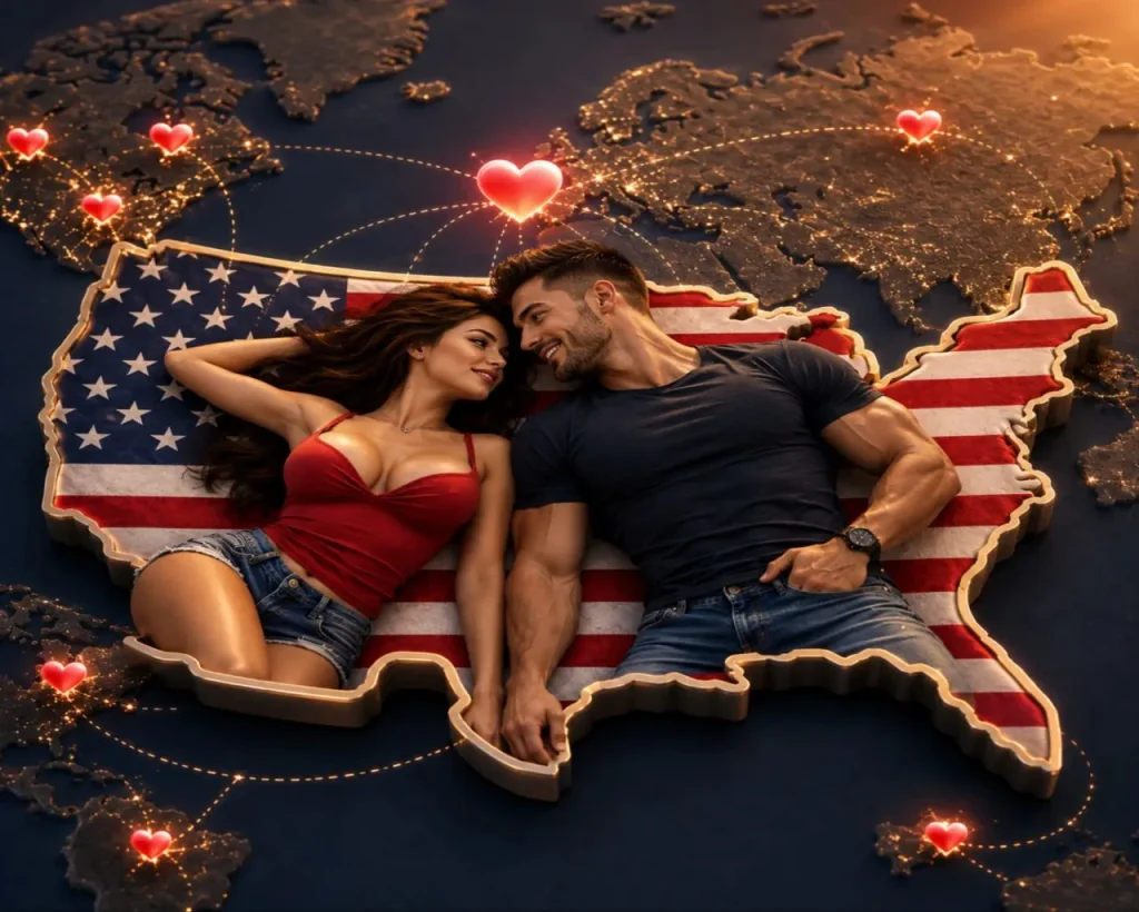 American dating app concept illustration with an attractive couple relaxing on a glowing United States map surrounded by global love connections and heart icons