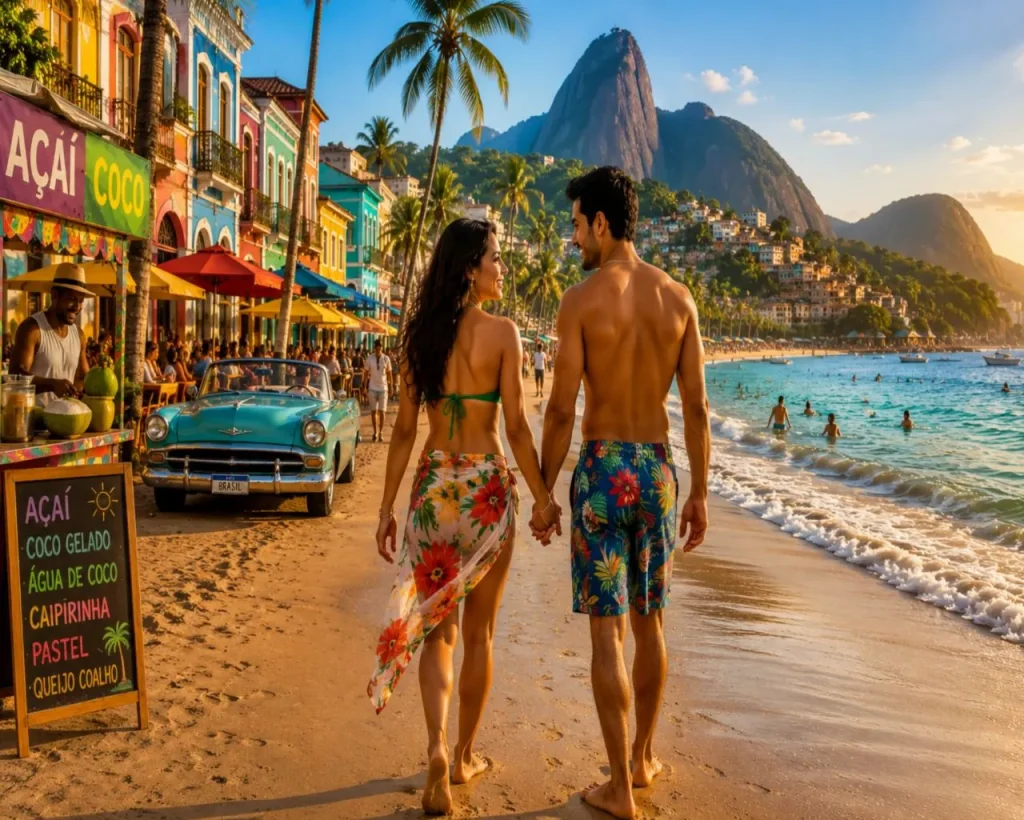 Romantic Latin dating couple portrait inspired by Mexican and Caribbean culture with colorful embroidered outfits and warm tropical architecture backdrop