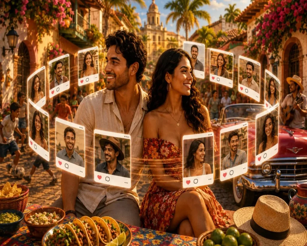 Latin dating app illustration showing a stylish Latino couple surrounded by multiple dating profile options in a vibrant Caribbean-inspired town square