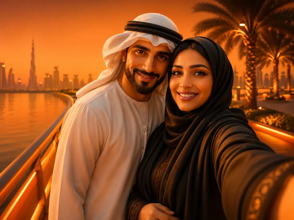 Middle Eastern dating couple selfie illustration with romantic Dubai sunset, traditional Arab clothing, and luxury Middle Eastern romance atmosphere