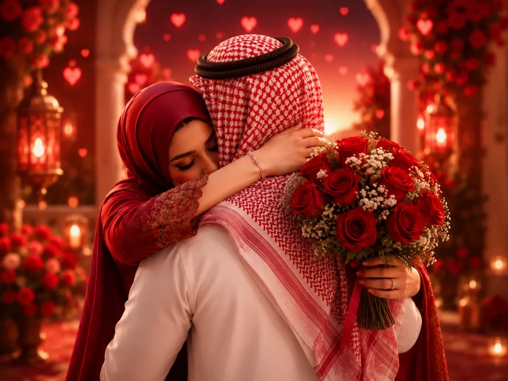 Romantic Middle Eastern wedding couple embracing with red roses, glowing heart lights, and luxury Arabic romance aesthetic
