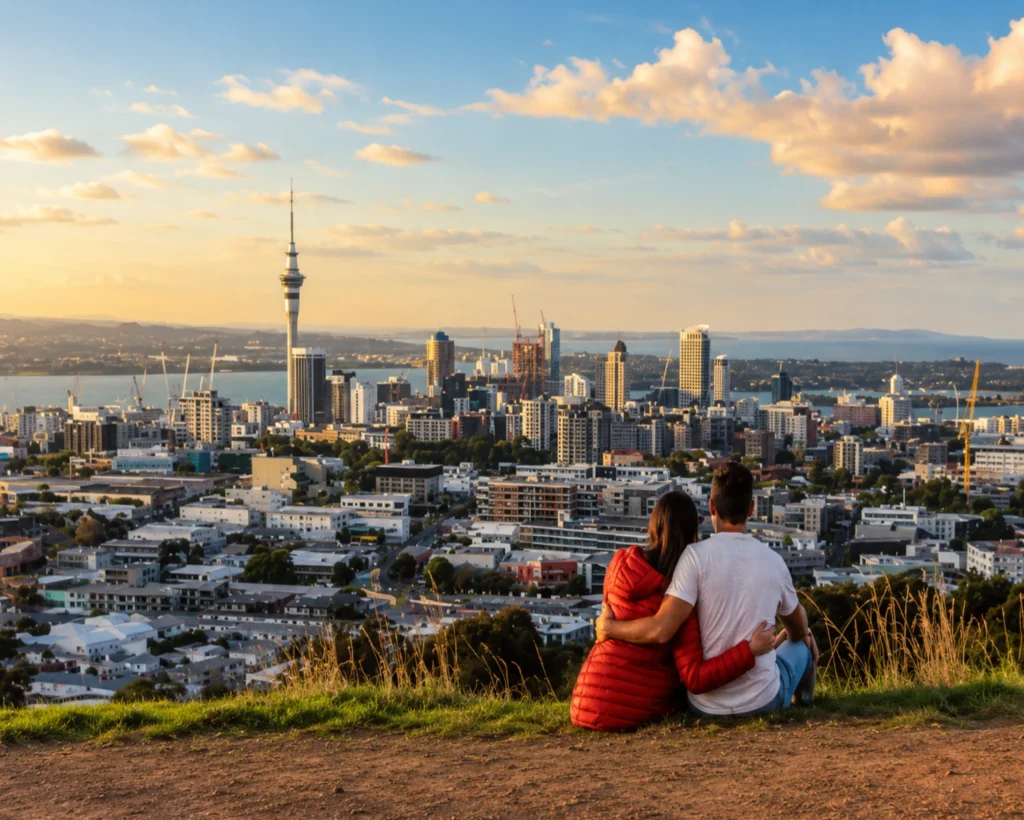 Dating in New Zealand cityscape artwork showing a couple overlooking the Auckland skyline from a hilltop viewpoint during golden hour sunset