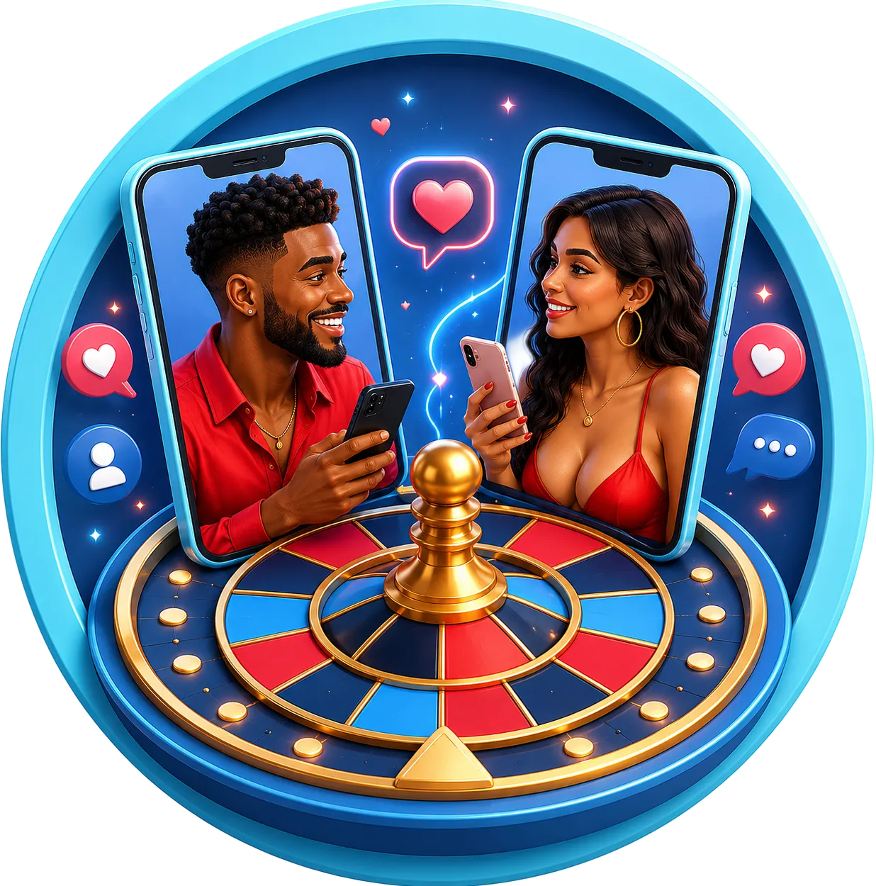 3D random video chat sites illustration with roulette wheel concept inspired by OmeTV, Chatroulette, CamSurf, Monkey app, and random cam to cam chat platforms