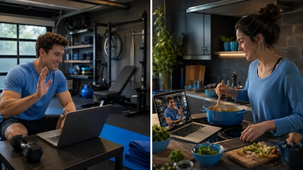 Man in a garage gym and woman cooking in a kitchen using laptops for 1 on 1 video chats