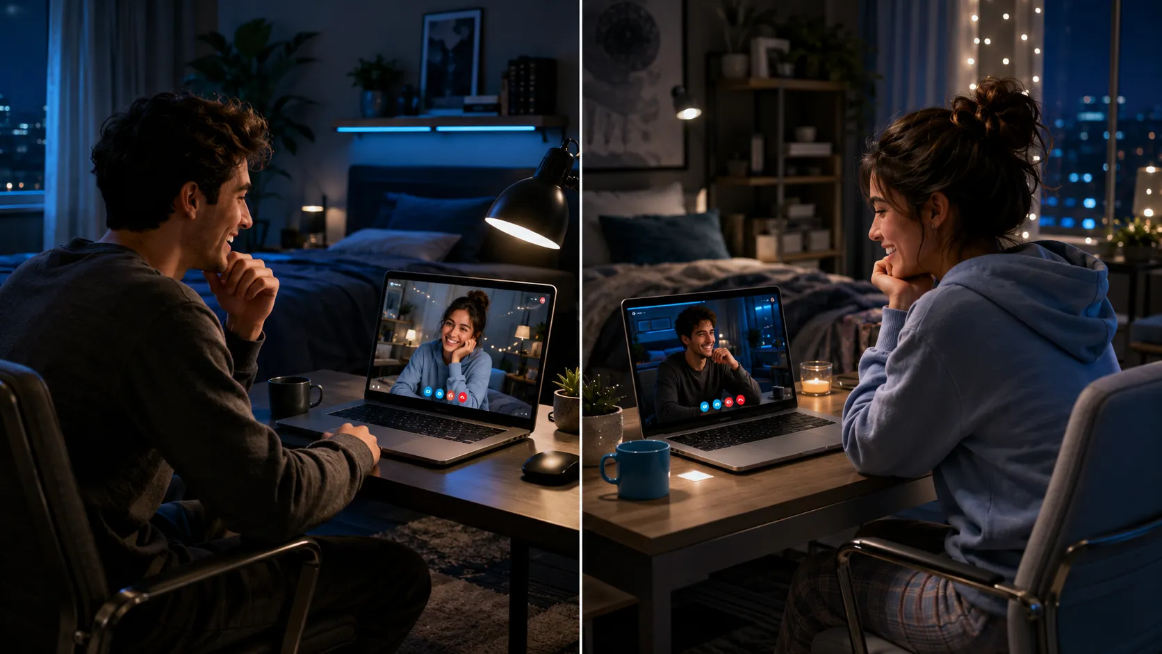 Man and woman enjoying 1 on 1 video chats from their separate bedrooms while talking through laptops at night
