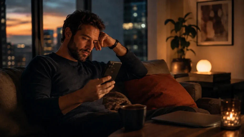 Man sitting alone in a cozy apartment at night while holding a phone and reflecting on modern dating fatigue.
