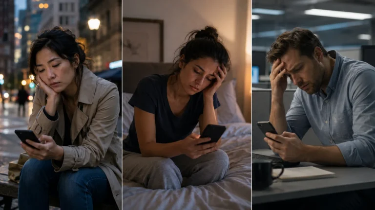 Collage of two women and one man in a city, bedroom, and workplace showing dating app fatigue while checking their phones.